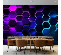 Custom Size Photo Wallpaper, Simple Neon Hexagons Theme Non-Woven Mural Wallpaper, Black Wall Art 3D Mural Decoration for Gaming Room Living Room Bedroom Kitchen Office, 250 x 175 cm