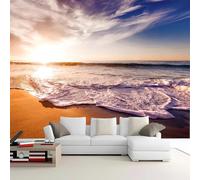 Custom Size Sunset Beach Wall Mural - Golden Sand, Ocean Waves & Sky Clouds Scene, Removable Self-Adhesive Wallpaper for Living Room, Bedroom, Home Office, Meditation Nook