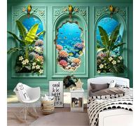 Custom Size Wall Mural 3D Triple Arch Broken Wall Underwater Coral Fish Tropical Scene Removable Self Adhesive Peel and Stick Wallpaper for Bedroom Living Room