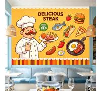 Custom Size Wall Mural Cartoon Chef Serving Steak Hamburger Pizza Hot Dog Breakfast Fast Food SelfAdhesive Wall Fabric Removable Peel and Stick Wallpaper Wall Decor for Fast-Food Restaurant