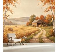 Custom Size Wall Mural， Farmhouse Autumn Harvest Wheat Field Pumpkin Barn Landscape， SelfAdhesive Art Prints wall Fabric Removable Large Wallpaper Home Living Room Decor