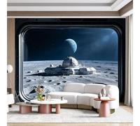 Custom Size Wall Mural Lunar Base Space Station Moon Landscape Earth View SciFi Window Perspective 3D Effect SelfAdhesive Wall Fabric Removable for Home Office Decor