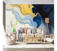 Custom Size Wall Mural Self-Adhesive Removable Fabric Abstract Swirl Blue Gold Fluid Texture Modern Artistic Large Wall Sticker Decor for Living Room