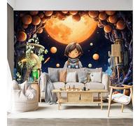 Custom Size Wall Mural Self-Adhesive Removable Fabric Space Explorer Astronaut Cute Cartoon SciFi Planet Dreamy Sky Large Wall Sticker Decor for Living Room