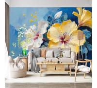 Custom Size Wall Mural Self-Adhesive Removable Fabric Tropical Hibiscus Flower Oil Painting Vibrant Bloom Botanical Tropical Floral Art Large Wall Sticker Decor for Living Room