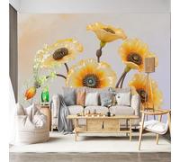 Custom Size Wall Mural Self-Adhesive Removable Fabric Yellow Poppy Floral Botanical Watercolor Large Wall Sticker Decor for Living Room