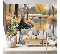 Custom Size Wall Mural SelfAdhesive Removable Fabric Autumn Forest Water Reflection Yellow Tree Serene Landscape Large Wall Sticker Decor for Living Room