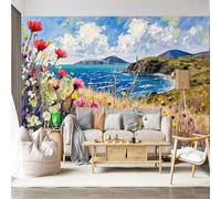 Custom Size Wall Mural SelfAdhesive Removable Fabric Floral Landscape Ocean Bay Wildflowers Coastal Scenery Oil Painting Style Large Wall Sticker Decor for Living Room