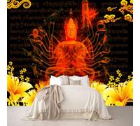 Custom Size Wall Mural Thousand-Hand Buddha Tibetan Script Golden Flowers Buddhist Scene Removable Self-Adhesive Wallpaper for Living Room Bedroom Meditation Room