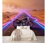 Custom Size Wall Mural Vintage Motorcycle on Desert Road with Neon Lights Removable Self Adhesive Peel and Stick Wallpaper for Adventure Themed Room