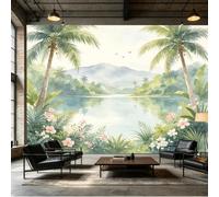 Custom Size Wall Mural Watercolor Tropical Palm Trees Blue Lake Misty Mountains Exotic Floral SelfAdhesive Wall Fabric Removable Peel and Stick Wallpaper Wall Decor for Living Room Bedroom