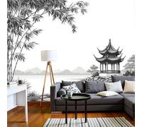 Custom Size Wall Murals 200 X 150 Cm, Classic Mountain Lakeside Landscape Non-Woven Wall Mural Poster, Black White Oriental Ink Large Photo Wallpaper for Living Room Bedroom Kitchen Office