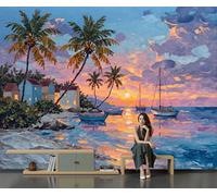 Custom Size Wall Murals 200 X 150 Cm, Sunset Scenery by The Sea Non-Woven Wall Mural Poster, Impressionist Oil Paintings Large Photo Wallpaper for Living Room Bedroom Kitchen Office