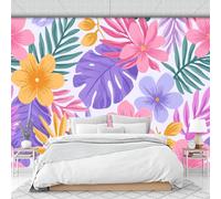 Custom Size Wall Murals 200 X 150 Cm, Tropical Flowers and Monstera Deliciosa Non-Woven Wall Mural Poster, Cute Cartoon Large Photo Wallpaper for Living Room Bedroom Kitchen Office