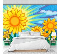 Custom Size Wall Murals 250 X 175 Cm, Sunflower Field Non-Woven Wall Mural Poster, Cartoon Style Large Photo Wallpaper for Living Room Bedroom Kitchen Office