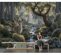 Custom Size Wall Murals 350 X 256 Cm, Ancient and Mysterious Forest Landscape Non-Woven Wall Mural Poster, Forest Deer Large Photo Wallpaper for Living Room Bedroom Kitchen Office