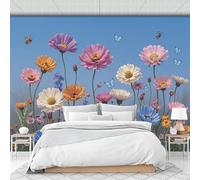 Custom Size Wall Murals 350 X 256 Cm, Realistic Wildflowers and Butterflies Non-Woven Wall Mural Poster, Countryside Style Large Photo Wallpaper for Living Room Bedroom Kitchen Office