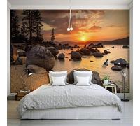 Custom Size Wall Murals，3D Beautiful Sunset Rock Seaside，Removable Peel and Stick Self-Adhesive Wall Murals Large Photo Wallpaper