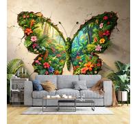 Custom Size Wall Murals 3D Broken Wall Butterfly Shape Tropical Floral View HD Self-Adhesive Wall Fabric (NO PVC) Removable Wallpaper for Living Room Home Decor