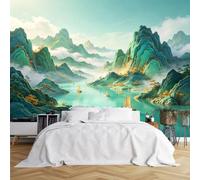 Custom Size Wall Murals 3D Golden Green Mountain River Sailboat Vivid Wall Murals Self-Adhesive Wall Fabric (NO PVC) Removable Wallpaper for Dining Room Bedroom