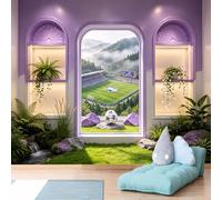 Custom Size Wall Murals,3D Soccer Stadium View from Purple Window Wall Murals,3D,Wall Covering Fabric,Self-Adhesive Removable Wallpaper for Man Cave Bedroom