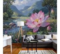 Custom Size Wall Murals 400 X 280 Cm, Blooming Pink Lotus Non-Woven Wall Mural Poster, Realistic Forest Oil Painting Large Photo Wallpaper for Living Room Bedroom Kitchen Office