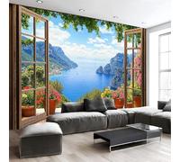 Custom Size Wall Murals 400 X 280 Cm, Mediterranean-Style Coastal Scenery Non-Woven Wall Mural Poster, 3D View Outside The Window Large Photo Wallpaper for Living Room Bedroom Kitchen Office