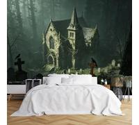 Custom Size Wall Murals Abandoned Mossy Church Graveyard Crow Spooky Forest HD Self-Adhesive Wall Fabric (NO PVC) Removable Wallpaper for Halloween Room Basement