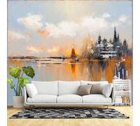 Custom Size Wall Murals,Abstract City Skyline Reflections Sunset Over Water Modern Impressionist Art,SelfAdhesive Wall Fabric(NO PVC) Removable Large Wallpaper for Living Room