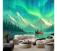 Custom Size Wall Murals Abstract Mountains Forest Trees Boat W400 x H280 cm Removable Large Green Photo Wallpaper for Nursery Living Room Bedroom Playroom Office Backdrop Wall Decor Poster Picture