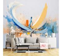 Custom Size Wall Murals,Abstract Ocean Wave Energy Splash Modern Art Painting Texture Blue Yellow Brushstroke Canvas Style,SelfAdhesive Wall Fabric(NO PVC) Wallpaper for Living Room