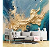 Custom Size Wall Murals,Abstract Ocean Wave Gold Texture Fluid Art Blue Sea Pattern,SelfAdhesive Wall Fabric(NO PVC) Removable Large Wallpaper for Living Room,Bedroom