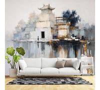 Custom Size Wall Murals,Abstract Oriental Architecture Reflection Misty Lake Modern Minimalist Landscape Painting,SelfAdhesive Wall Fabric(NO PVC) Removable Large Wallpaper
