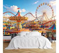 Custom Size Wall Murals Amusement Park Swing Ride and Ferris Wheel Wall Murals Colorful Theme Park Scene Wallpaper HD Self-Adhesive Removable Wallpaper for Living Room