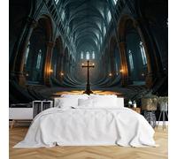 Custom Size Wall Murals Ancient Cathedral Interior with Cross and Candles Wall Murals Gothic Fantasy Scene Wallpaper Vivid Self-Adhesive Removable Wallpaper for Living Room