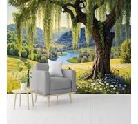 Custom Size Wall Murals, Ancient Willow Tree & Meadow with Wildflowers & Winding River, Self-Adhesive Removable Fabric, Large Photo Wallpaper for Living Room, Bedroom, Office & Kids