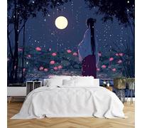 Custom Size Wall Murals Anime Girl by Lotus Pond at Night Wall Murals, Self-Adhesive Wall Fabric (NO PVC) Removable Wallpaper for Bedroom