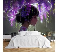 Custom Size Wall Murals, Anime Girl with Purple Umbrella Wall Murals, Floral Night Scene HD Wallpaper, Large Photo Wallpaper, Self-Adhesive Removable Wallpaper for Bedroom Living Room