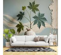 Custom Size Wall Murals,Artistic Ceramic Vase Green Leaf Botanical Abstract Painting Texture Blue Background,SelfAdhesive Wall Fabric(NO PVC) Removable Large Wallpaper
