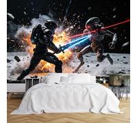 Custom Size Wall Murals Astronaut Fighting Alien with Energy Sword on Moon Wall Murals Sci-Fi War Scene Wallpaper HD Self-Adhesive Removable Wallpaper for Living Room