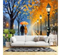 Custom Size Wall Murals,Autumn Couple Walking Under Umbrella Rainy Street Lamp Post Impressionist Art,SelfAdhesive Wall Fabric(NO PVC) Removable Large Wallpaper for Living Room,Bedroom