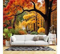 Custom Size Wall Murals, Autumn Forest Pathway Red Orange Leaves Self-Adhesive Wall Fabric (NO PVC) Removable Large Photo Wallpaper for Living Room, Bedroom, Office