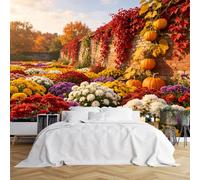 Custom Size Wall Murals Autumn Pumpkin Chrysanthemum Brick Wall Scene Wall Murals Vivid Large Photo Wallpaper Self-Adhesive Removable Wallpaper for Entryway Kitchen