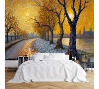 Custom Size Wall Murals,Autumnal Urban Landscape Golden Yellow Sky Swirling Sun Patterns,Winding Path Leafless Trees Snow Frost Water Reflections,Self-Adhesive Removable Wallpaper for Bedroom