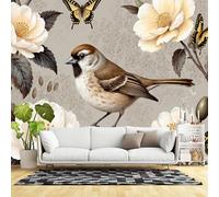 Custom Size Wall Murals,Bird and Butterfly on Flower Branch Botanical Vintage Art Nature Illustration,SelfAdhesive Wall Fabric(NO PVC) Removable Wallpaper for Living Room,Bedroom