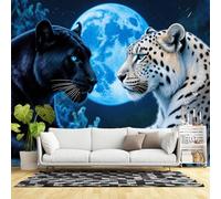 Custom Size Wall Murals,Black Panther & Snow Leopard & Glowing Blue Moon Self-Adhesive Wall Fabric (NO PVC) Removable Photo Wallpaper for Living Room, Bedroom,Office