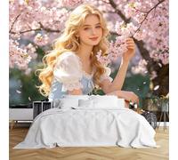 Custom Size Wall Murals Blonde Girl Under Cherry Blossom Tree Wall Murals Spring Nature Portrait Scene Wallpaper Vivid Self-Adhesive Removable Wallpaper for Bedroom
