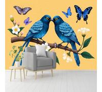 Custom Size Wall Murals, Blue Birds & Pink Butterflies Scene, Self-Adhesive Removable Wall Covering Fabric, Large Photo Wallpaper for Living Room Bedroom Kitchen Office Kids