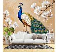 Custom Size Wall Murals,Blue Peacock on Rock with White Magnolia Blossoms Elegant Nature Art,SelfAdhesive Wall Fabric(NO PVC) Removable Wallpaper for Living Room,Bedroom