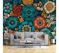 Custom Size Wall Murals Boho Floral Pattern Wall Murals Teal Orange Flower Botanical Wallpaper Full Wall Self-Adhesive Removable Wallpaper for Living Room